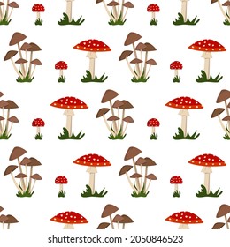 Seamless pattern with amanita mushroom with red hat and white dot, toadstool and grass. Bright fly agaric print