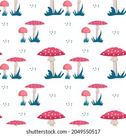 Seamless pattern with amanita mushrooms with bright pink hat and white dots and grass on a white background. Cute fly agaric print