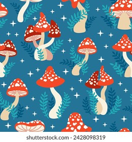 Seamless pattern of amanita mushrooms. Hand drawn vector illustration of red amanita in a cartoon style on a dark green background