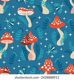 Seamless pattern of amanita mushrooms. Hand drawn vector illustration of red amanita in a cartoon style on a dark green background