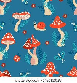 Seamless pattern of amanita mushrooms. Hand drawn vector illustration of red amanita in a cartoon style on a dark green background