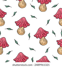 Seamless pattern of amanita mushrooms with pink hat on white background. great for mobile wallpaper, gift paper, fabric and others. Vector