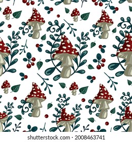 seamless pattern with amanita mushrooms and red berries, fern, leaves, branches, background with forest plants, stylized vector graphics