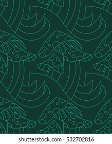 Seamless pattern with amanita.Dark green pattern with mushrooms.Vector illustration.