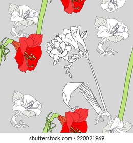 Seamless pattern  with amaryllis and flowers. Vector Illustration