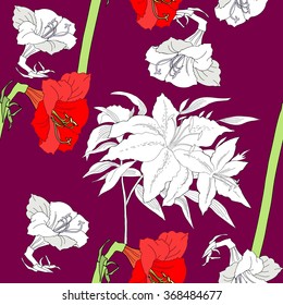 Seamless pattern  with amaryllis and flowers. Vector Illustration
