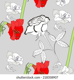 Seamless pattern  with amaryllis and white rose. Vector Illustration