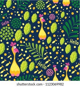 Seamless pattern amazing birds, flowers, leaves and branches, deep blue background. Botanical style. Suitable for textiles, furniture, wall pasting, interior decoration