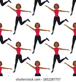 Seamless pattern with amazing dancing African girl on a white background. Cheerful dance entertainment in a flat style. Relaxed happy woman. Stock vector illustration for design, decor, fabric