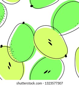 Seamless pattern with ambarellas. Vector drawing of rare topucal exotic fruit - ambarella. Spondias dulcis, mombin, pomme cythere, polynesian-plum, yellow plum, otaheite-apple, tahitian quince.