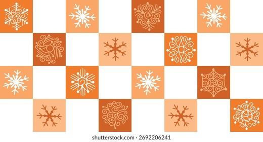 Padrão contínuo com flocos de neve âmbar e branco em um layout quadriculado. Tons de madeira natural. Fundo para embalagem, embrulho de presente, design de Natal.