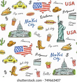 Seamless pattern of America; symbols,landmarks.Travel icons with The Statue of Liberty, potatoes fries, flag, popcorn, hot dog, taxi, cola. Words: America, USA, New york city, welcome, street food, Hollywood