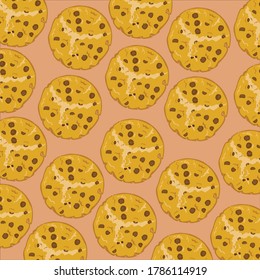 Seamless pattern American coockies with chocolate crumbs on cream background in vector