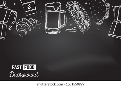 Seamless pattern with american fast food. Fast food background. Vector Illustration. Coffee, croissant, hot dog, mexican taco and beer drawing on the chalkboard