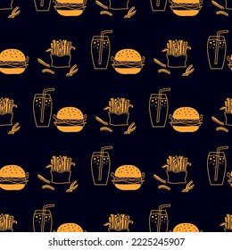 Seamless pattern with American fast food. Isolated vector illustration of burger, drink, and box of french fries