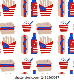 Seamless pattern of American fast food items like fries, burgers, soda, and ice cream in patriotic colors on white