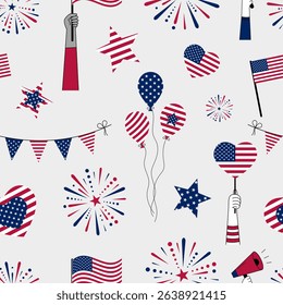 Seamless pattern with American flags, balloons, garlands, stars, hearts, and diverse hands holding flags and a megaphone, perfect for celebrating Independence Day with unity and joy.