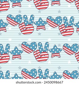 Seamless pattern of American flags USA peace finger hand cartoon. This illustration has an American Independence Day theme. Pattern for fabric and wrapping paper, design wallpaper and fashion prints.