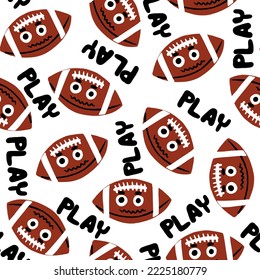 Seamless pattern with American football ball with face. Background for textile, fabric, stationery, kids and other designs.