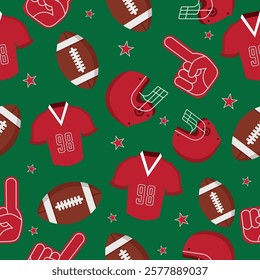 Seamless pattern with american football  brown balls helmets and stars on green background. Sports equipment background. Football helmet, foam finger, trophy.Vector graphics