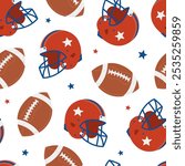 Seamless pattern with american football helmets, balls and stars on white background. Sport equipment. Competition and training. Vector flat illustration