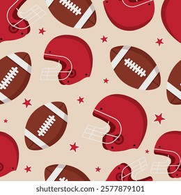 Seamless pattern with American football helmets, balls and stars. Vector graphics