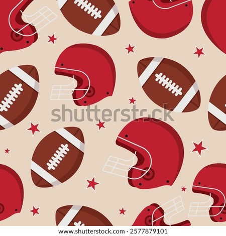 Seamless pattern with American football helmets, balls and stars. Vector graphics