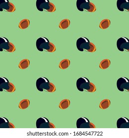 seamless pattern with american football (rugby) and helmet. pattern with sports equipment. endless pattern with brown ball on cool green background.