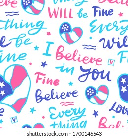 Seamless pattern with American heart and lettering. Bright background with USA flag for textiles, apparel, design posters, banners, cards.
