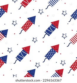 Seamless pattern for American Independence Day with funny Rocket Fireworks. 4th of July Childish print. Vector hand drawn illustration.