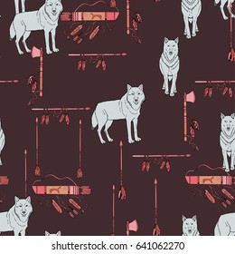 Seamless pattern with American Indian  sketches.  Hand drawn elements. Vector Illustration