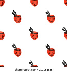 Seamless pattern with american indians - watercolor doodle vector illustration