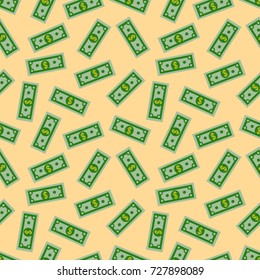 Seamless Pattern with American Money Dollars Bank Notes on yellow background. Dollar bill. Flat design Vector Illustration