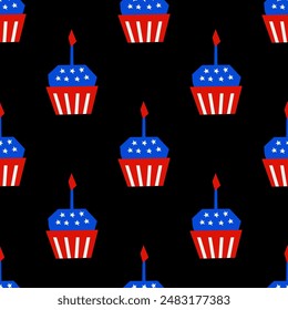 Seamless pattern with American patriotic cupcake shape for 4th of July USA Independence Day in cutout style on black background