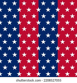 Seamless pattern with american stars on blue and red striped background. Print textile design. Color fabric texture