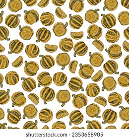 Seamless pattern with American Tonda pumpkin or Americana Tonda squash. Winter squash. Cucurbita pepo. Fruits and vegetables. Cartoon style. Isolated vector illustration.