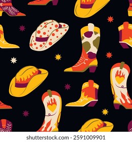 Seamless pattern with Americans cowboy boots and hats. Vector