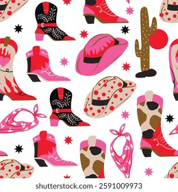 Seamless pattern with Americans cowboy boots and hats. Vector