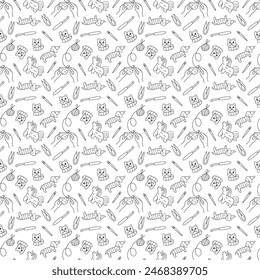 Seamless pattern with amigrumi knitting and knitted animals. Doodle outline illustration.