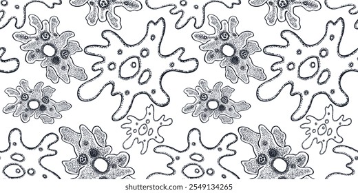 Seamless pattern of amoeba protozoa microorganismus, vector contour hand drawn illustration, background, paper, wallpaper