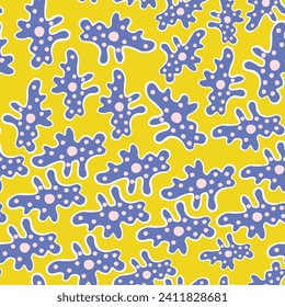 seamless pattern with amoeba in vector. unicellular organism for prints and design. animals for kids in flat style. Template for design, print, background, packaging, book, wrapping paper, fabric.