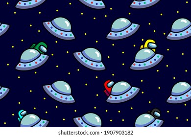 Seamless pattern with Among Us and  flying saucer, stars. Cosmos and space concept. Vector in EPS 10.