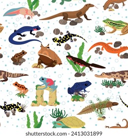 Seamless pattern with amphibians. Frogs and aquatic tritons. Terrarium creatures. Tropical fauna. Repeated print. Wild nature. Amphibious animals. Toads and newts. Vector background