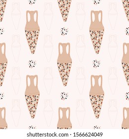 Seamless pattern with amphorae and terrazzo texture on beige background. Mediterranean antique background in flat style for Wallpaper, tile design, fabric, textile. Vector stock illustration