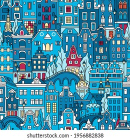 Seamless pattern with Amsterdam canal and typical dutch houses, Holland, Netherlands.