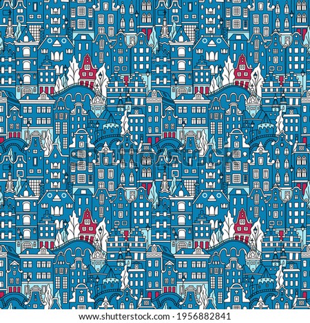 Seamless pattern with Amsterdam canal and typical dutch houses, Holland, Netherlands.