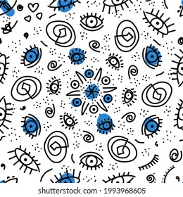 Seamless pattern of Amulets from the evil eye, eye from the evil eye, eye icons, set of boho elements, colored spots and doodles, freehand drawings, linear art, isolated background