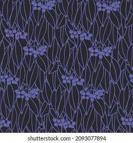 Seamless pattern with Amur cork tree branches and leaves. The colors of the 2022 year Very Peri, blue a violet-red undertone background. Monochrome realistic line art