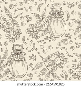Seamless pattern with amur cork tree: berries, plant, amur cork tree bark and bottle of amur cork tree oil. Phellodendron amurense.  Cosmetic, perfumery and medical plant. svg