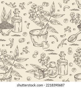 Seamless pattern with amur cork tree: amur cork berries, plant and amur cork tree bark. Phellodendron amurense. Oil, soap and bath salt . Cosmetics and medical plant. Vector hand drawn  svg